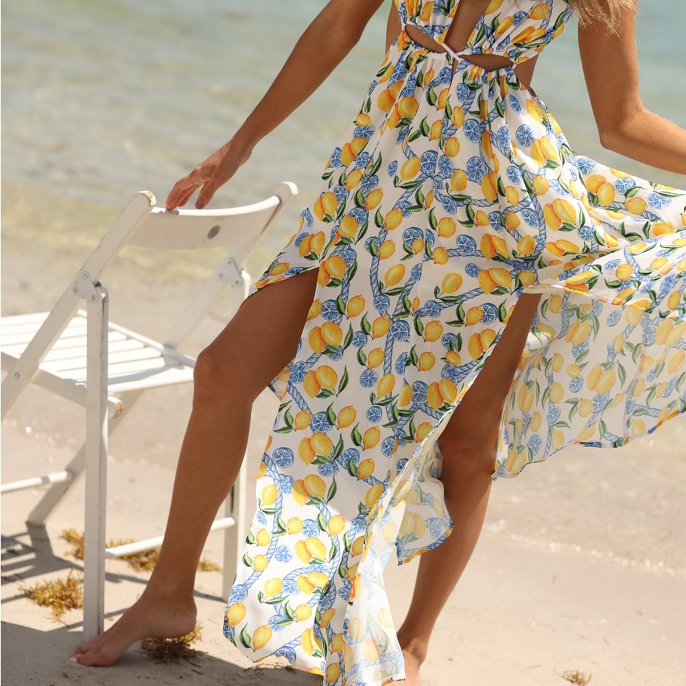 SALTY WEEKEND Mykonos Lemon Print Chiffon Maxi Dress